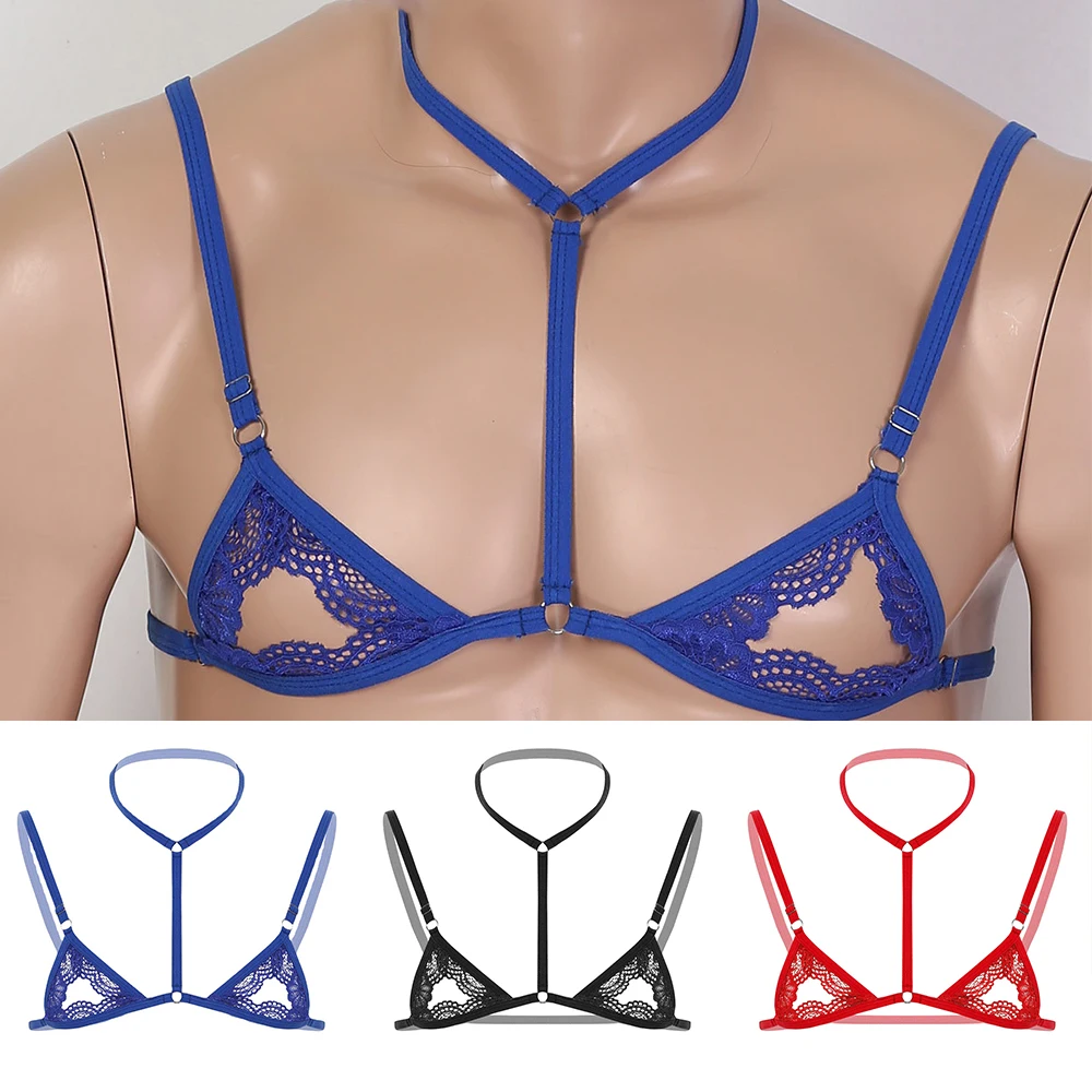 Men Sissy Open Tip Bra Lingerie Erotic Sheer Lace Bra Male Crossdressing Gays Sexy Underwear Halter Adjustable Straps Bra Tanks