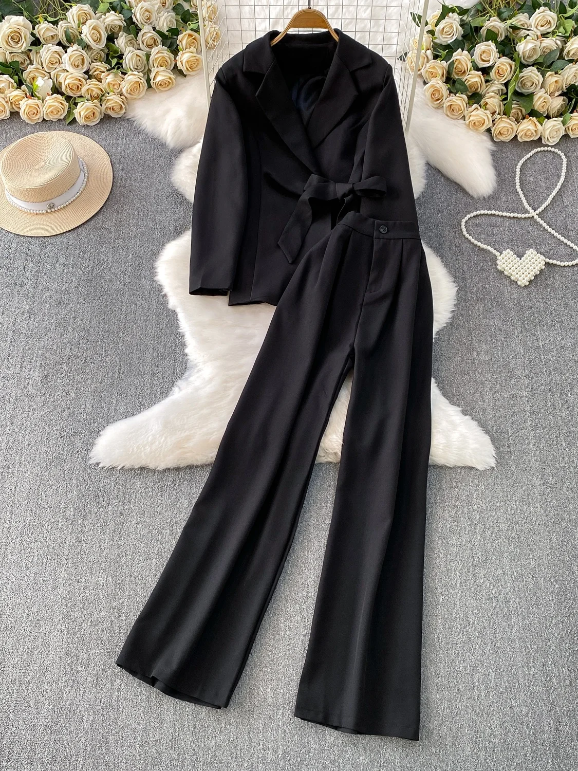 Ele Busin Women's Suit Two-Piece Set High Waist Wide Leg Pants Belted Waist Slimming Effect Profional Commute Sle