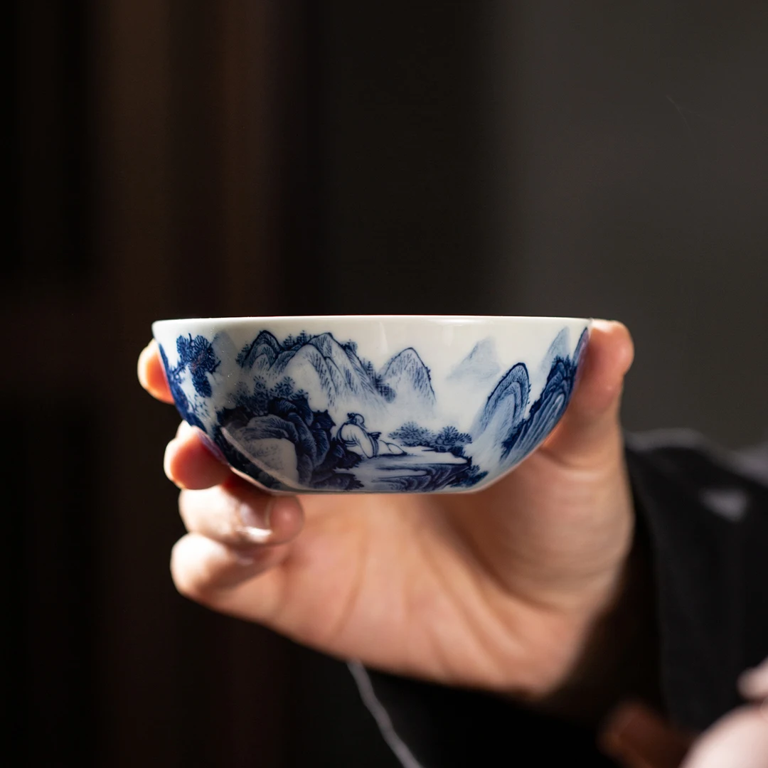 

Расписанная вручную сине-белая чашка с пейзажным рисунком, антикварная одиночная чашка, чайная чашка для дегустации, керамический чайный набор оптом