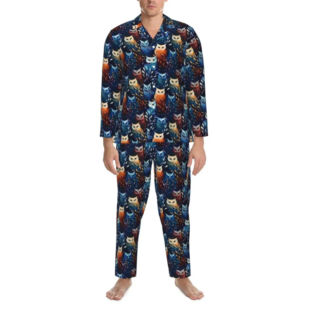 Vibrant Bold Owl Pajamas Male Abstract Aniaml Kawaii Home Nightwear Autumn 2 Piece Vintage Oversized Graphic Pajama Sets