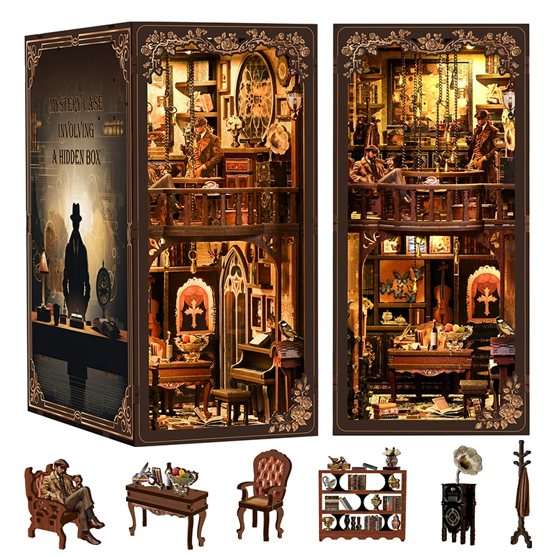 DIY Wooden Book Nook Figurines Miniatures Dark Box Mystery Case Bookend Bookshelf for Friends Birthday Gifts Home Decor Crafts