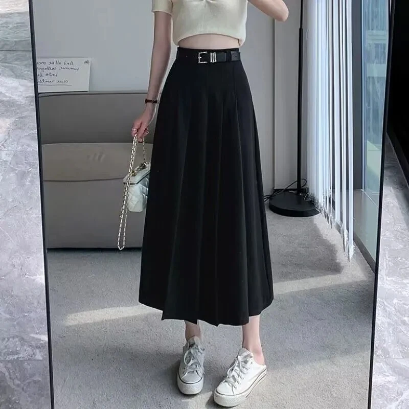 

Yasuk AllSeason Casual Soft Solid Women's Pleated Skirt Button Belt Long Draped Suit Dress Maxi Skirt Slim Grace Student