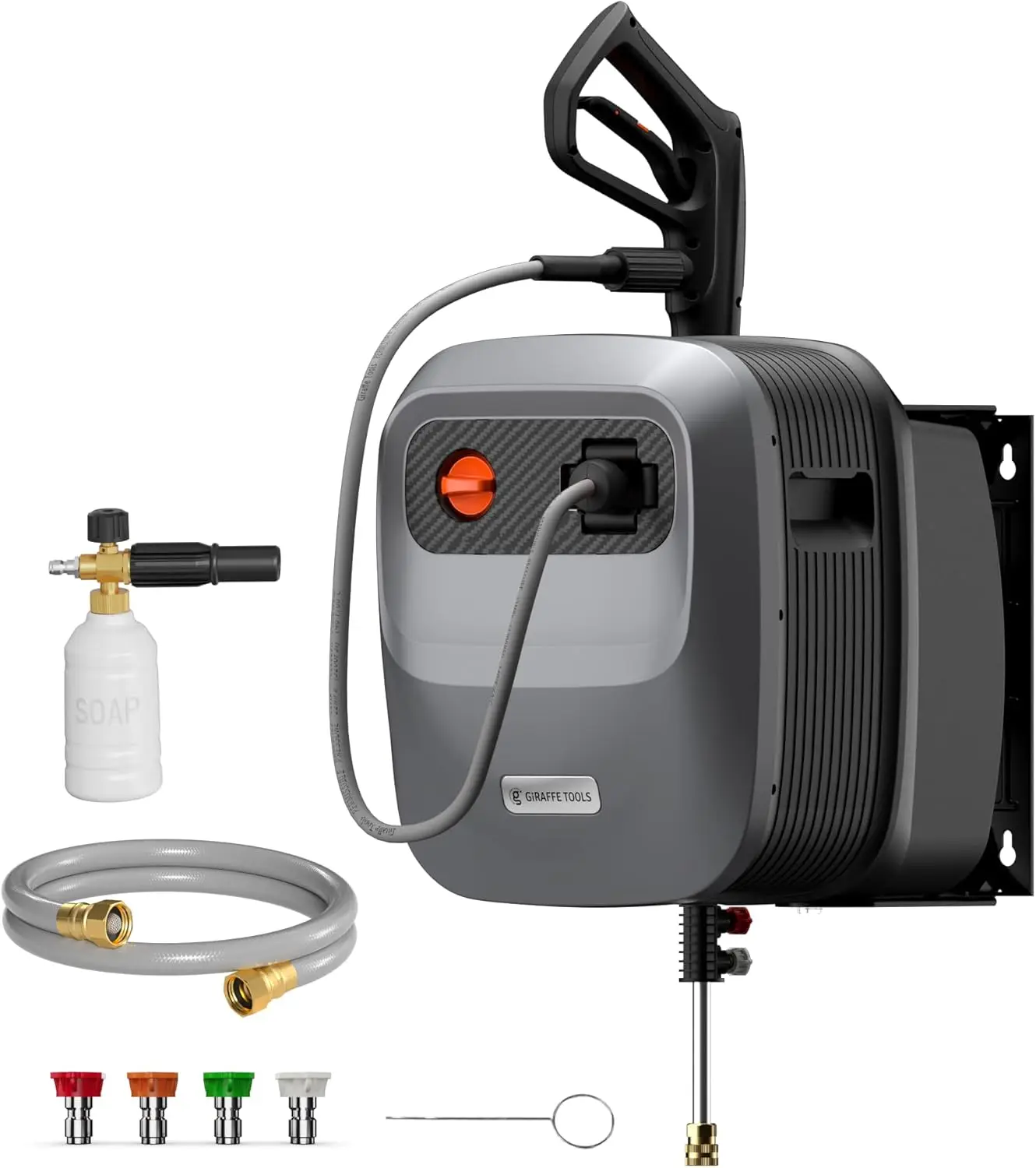Dark Silver 180° Wall-Mounted Auto-Retract Pressure Washer, 2500 PSI 2.2 GPM, 5 Nozzles for Floor, Cars, Fences, and Patios