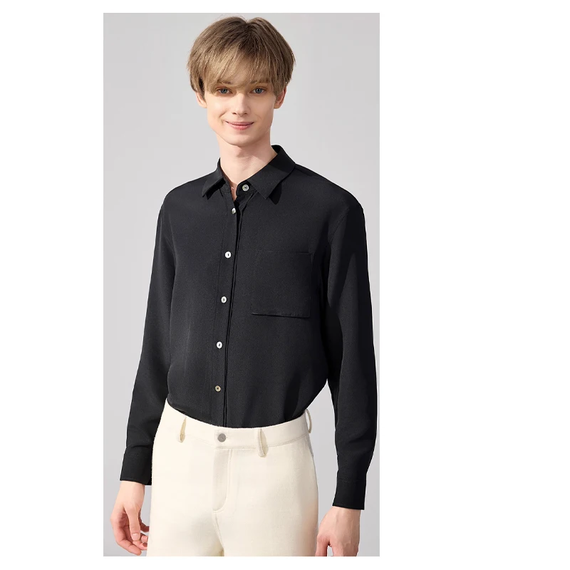 قميص Fengbaoyu للرجال من الحرير الطبيعي بأكمام طويلة وياقة أنيقة وعصرية مناسبة للربيع والصيف، كاجوال مريح ورائع