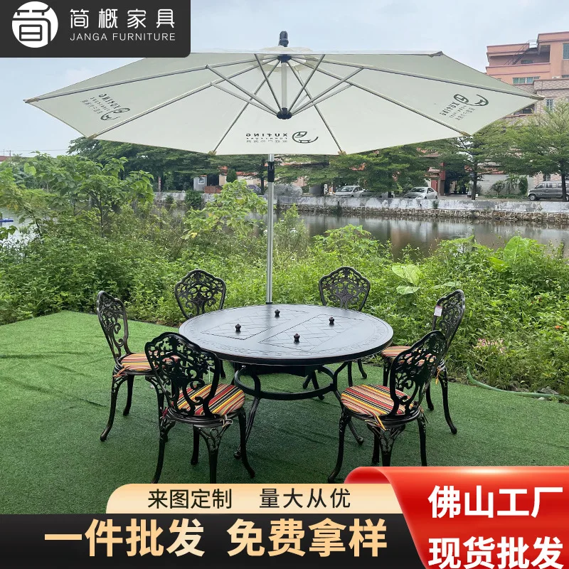 

Outdoor villa courtyard cast aluminum tables and chairs balcony B & B round double oven barbecue table hotel terrace beach dinin