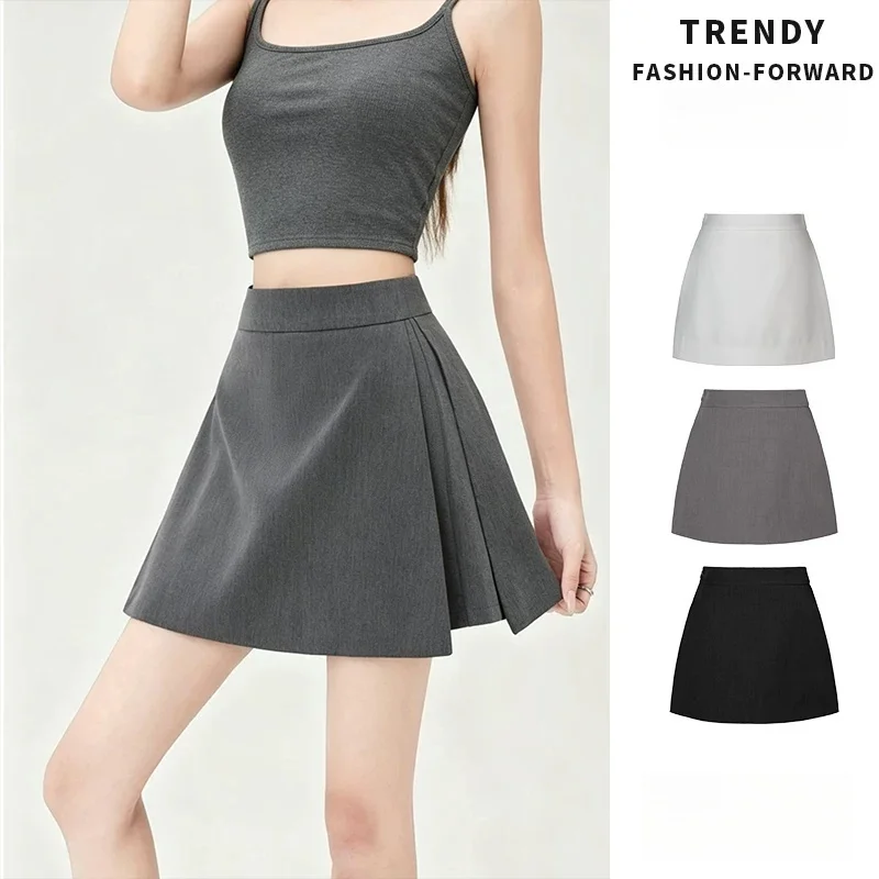 Women's High Waist A-Line Mini Skirt Gray Side Pleated Flared Skirt Casual Office Daily Wear
