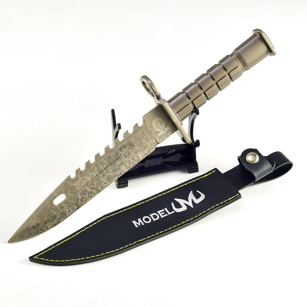26cm Elite Game Peripheral M9 Damascus Knife Steel Pattern Weapons Model Training Prop Katana Metal Toy Knife Craft Gift for Boy