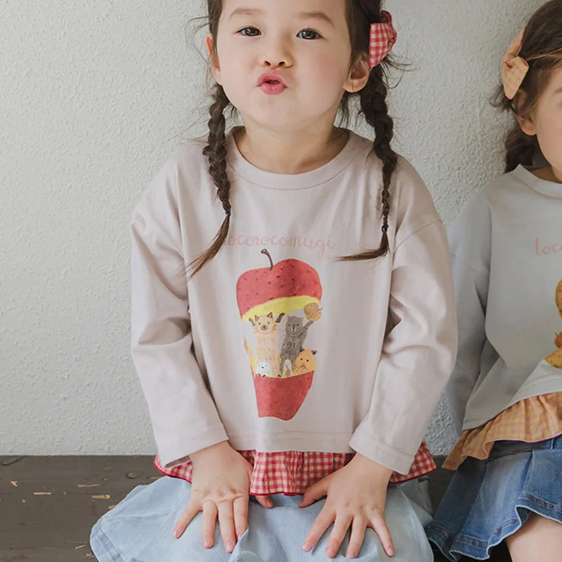 

2025 Spring Korean Girls Lace Trim T-shirt Fashion Girl Children All-match Cartoon Plaid Patchwork Loose Long Sleeved T-Shirts