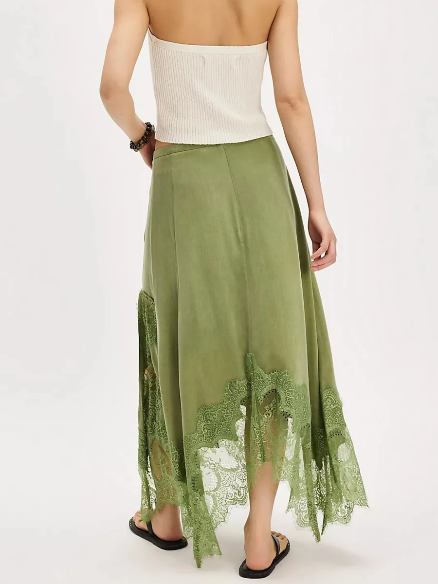 Jupe longue en dentelle irrégulière pour femmes, coupe ample, élégante, couleur unie, ourlet fleuri, fente, taille basse, été