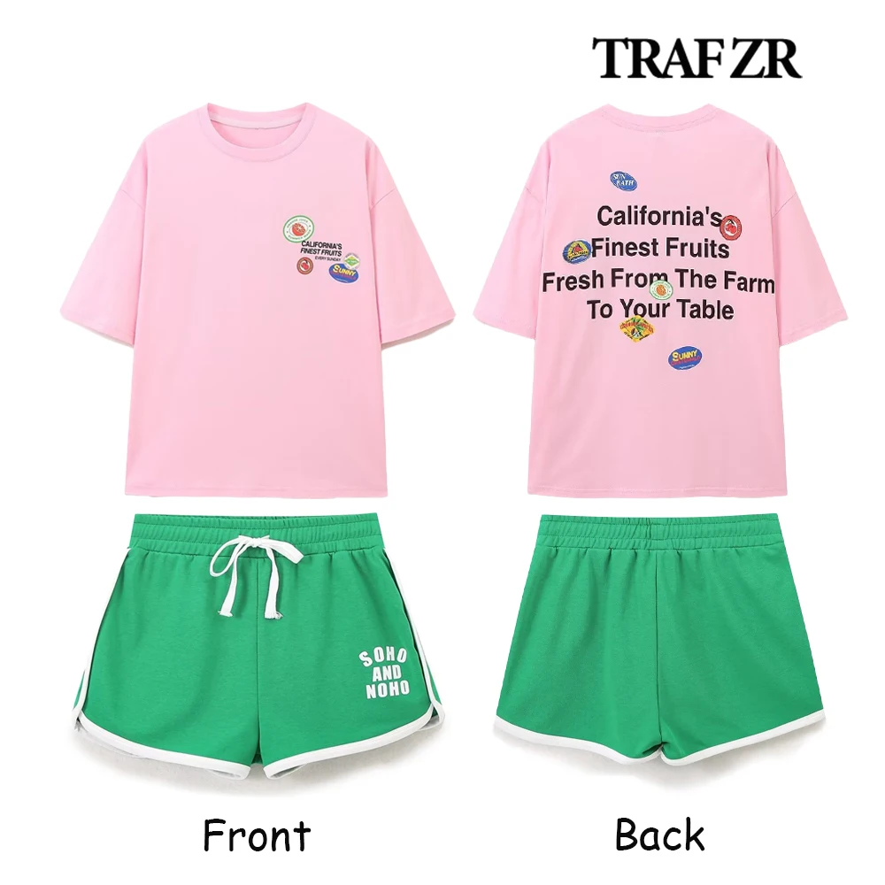 TRAF ZR Casual Crews Set corti estivi Set da 2 pezzi Completi da donna O-Collo Manica corta Tee Elastico con coulisse Pantaloncini in vita