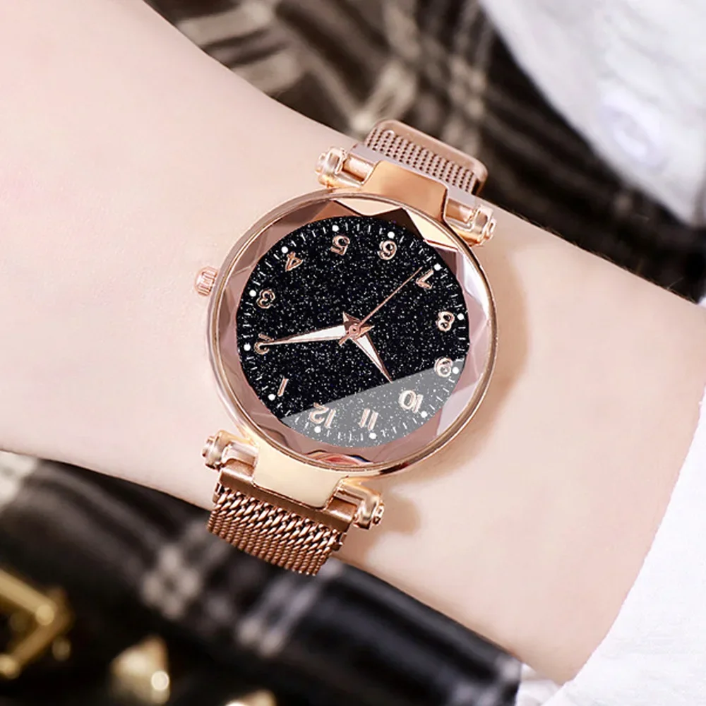 Conjunto de 5 piezas de reloj de pulsera de cuarzo para mujer, cronógrafo informal con correa de malla, sencillo, esfera redonda, cielo estrellado, regalo para chicas
