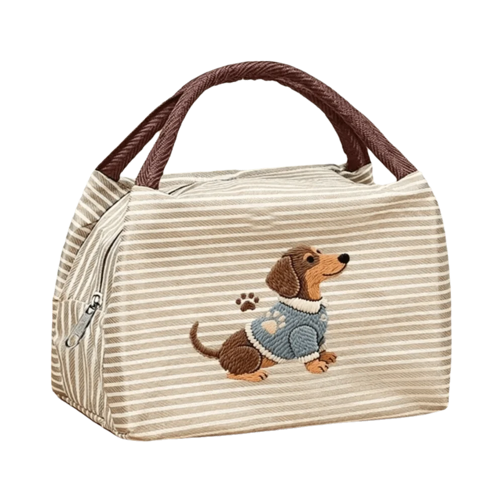 Reusable Puppy Embroidery Thermal Lunch Bag Insulated Portable Tote Bag Handheld Striped Food Container Bag Office