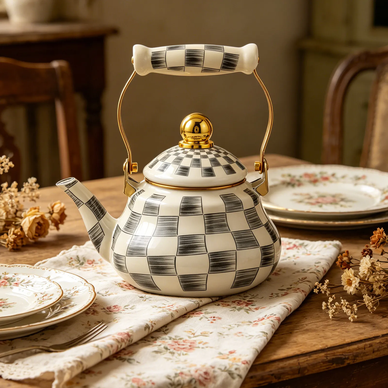 1.5L Long Spout Stovetop Enamel Teapot Checkered Tea Kettle With Handle&Lid Heat Resistant Vintage Tea Pot For Farmhouse Kitchen