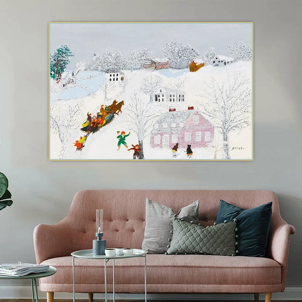 Anna Mary Robertson Grandma Moses《Over the bridge, 1960》Canvas Oil Painting Artwork Aesthetic Picture Wall Decor Home Decoration
