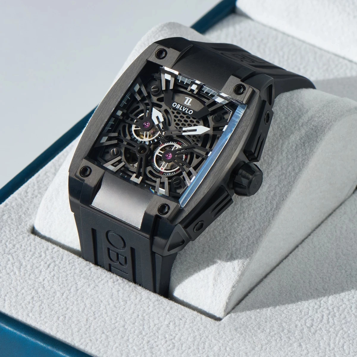 

OBLVLO мужские автоматические часы роскошные механические наручные часы модные водонепроницаемые квадратные скелетонизированные циферблаты с сапфировым стеклом Lumnous резиновый ремешок