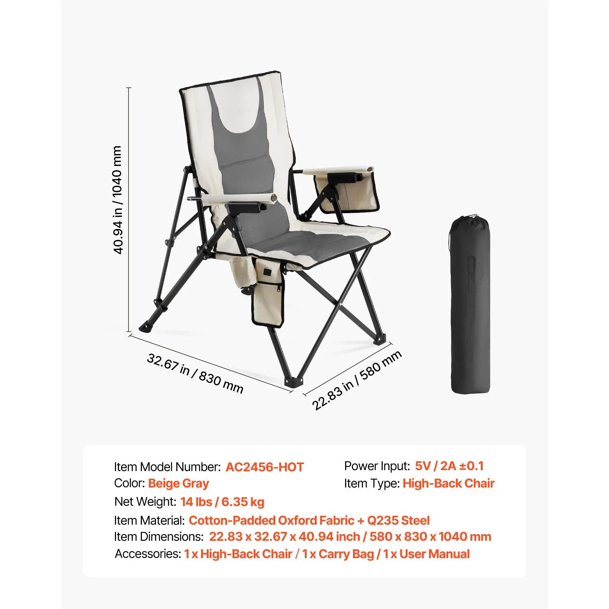 Heated Camping Chair, 3 Heat Settings, High Back Folding Camping Chair, Supports 260lbs, Full Padded Beach Chairs with Armrest &