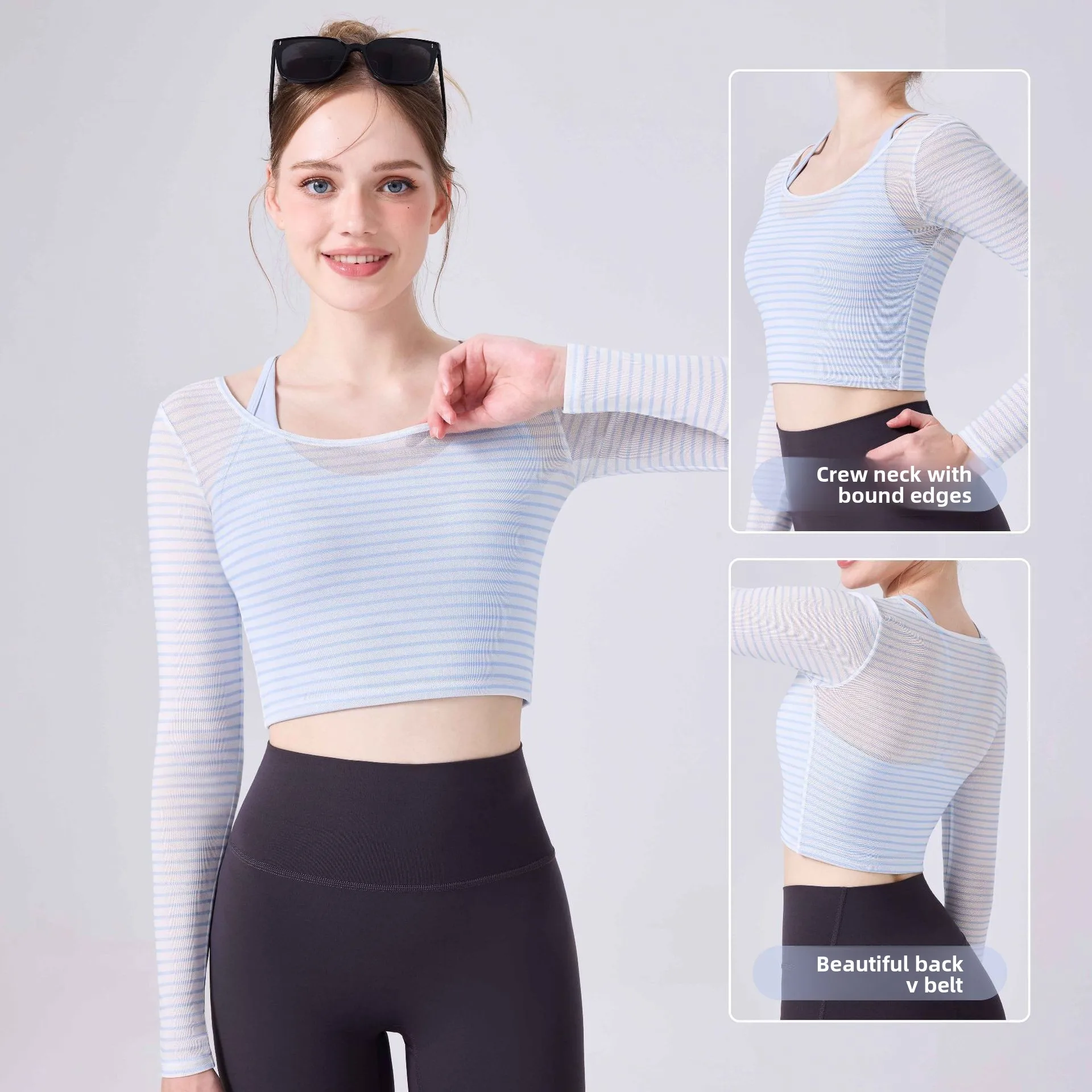 New Neck Sports Bra with Contrasting Striped Vest for Women, Chest Cushion, Mesh, Quick Drying, Breathable Long Sleeves
