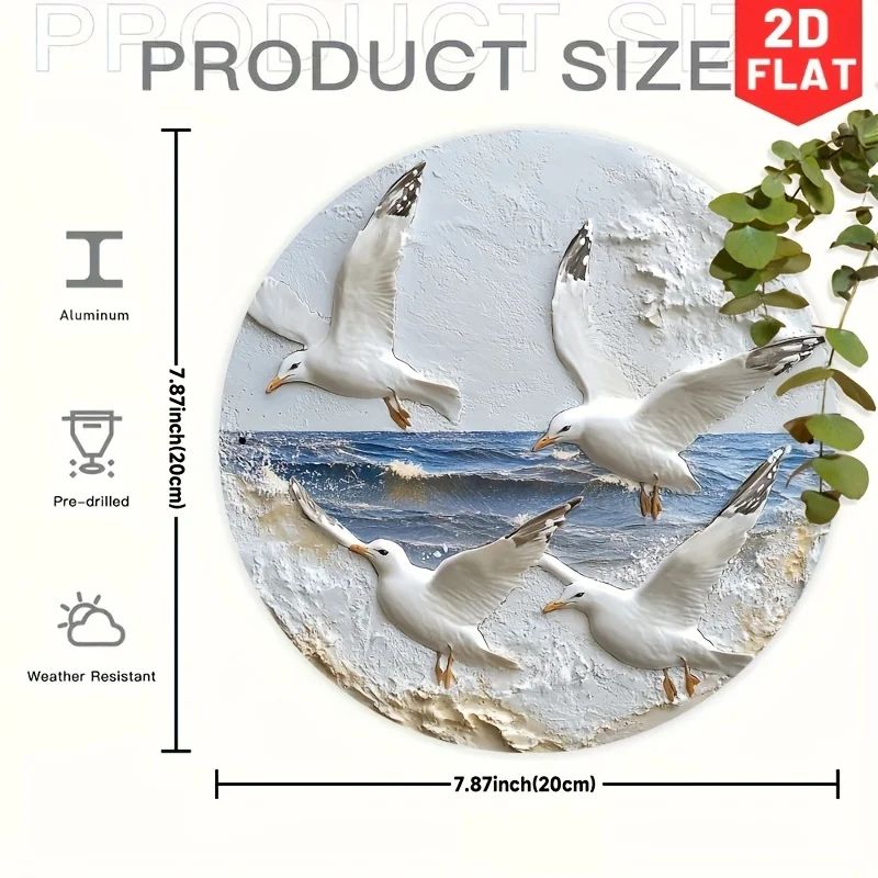 2D Flat Printed Coastal Style Seagull Wall Artwork, Aluminum Metal Sign, Pre-Drilled Holes, Textured Ocean Scene Decoration