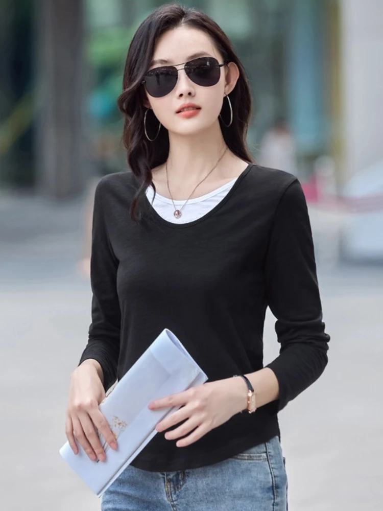 Zjaiss Damen-Langarm-beiläufige, lockere Hemden, 2026, Frühling, Baumwolle, gefälschte Zweiteile, V-Ausschnitt, gestrickte T-Shirts, Strickwaren-Tops