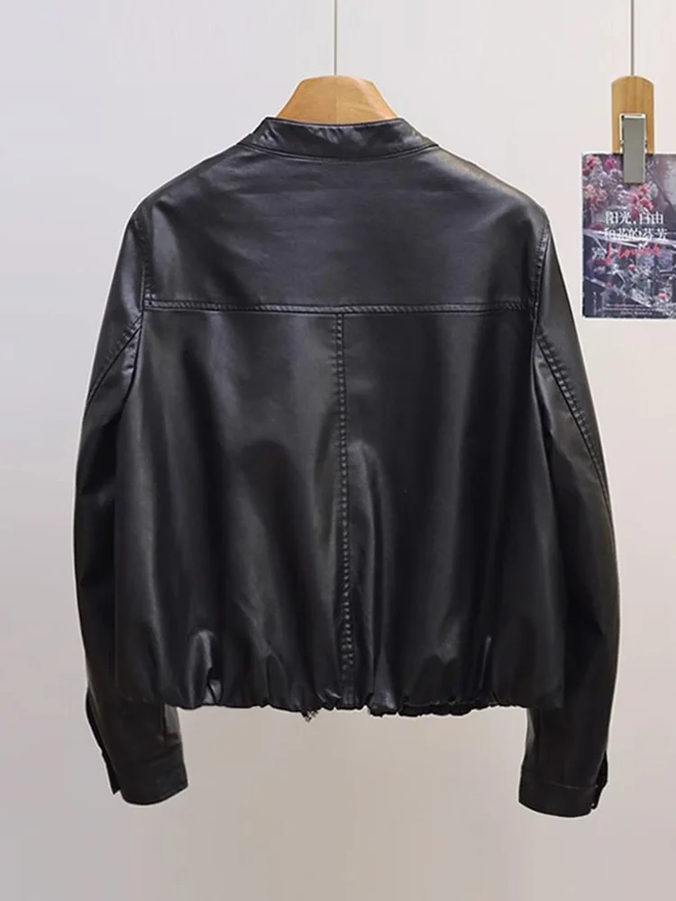 เสื้อแจ็คเก็ต Pu สไตล์โมโตสตรีทแวร์สำหรับผู้หญิง วินเทจ ฮาราจูกุ แขนยาว ทรงหลวม เสื้อคลุมลำลอง สไตล์อเมริกันเรโทร ทรง Biker คอทรงกลม มีกระเป๋า เสื้อนอก