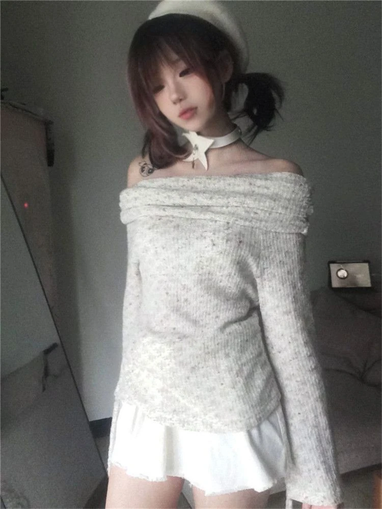 Giapponese Y2k Sexy maglione con spalle scoperte donna Vintage Harajuku Slash Neck maglione lavorato a maglia fata Grunge estetico Slim Fit Pullover