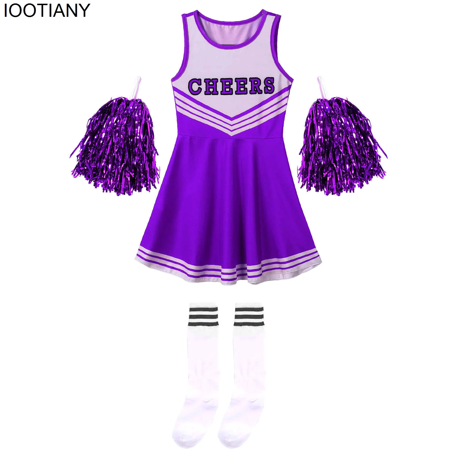 Disfraz de baile sin mangas para niñas, uniforme de animadora, traje de animadora para niños, vestido con estampado de letras y cuello redondo, flores y calcetines