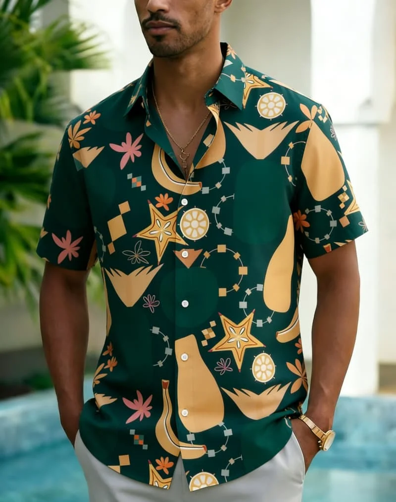 

Men's Artistic Fresh Fruit Geometric Print Shirt, Trendy Casual Wear for Summer, Beach Trips, Daily Outings & Street Fashion