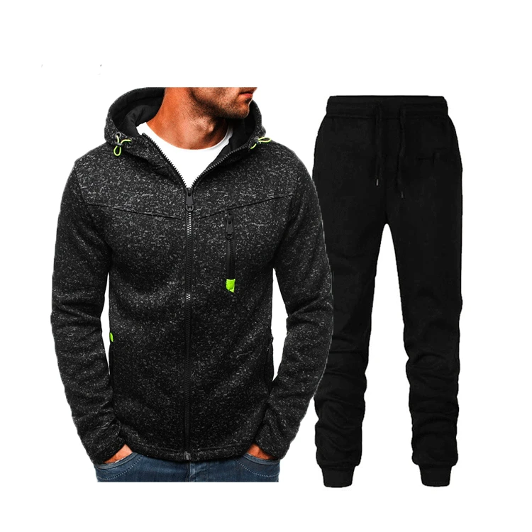 Mens Zipper Two Pieces Set Hooded Jacquard Hoodie Fleece Men Hooded Sweatshirt Pullover For Male Hoody Outerwear Male Jacket