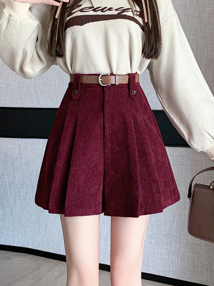 Mode Streetwear velours côtelé jupes Shorts femme ample jambe large plissé hiver Shorts avec ceinture Culottes a-ligne pantalons courts femmes