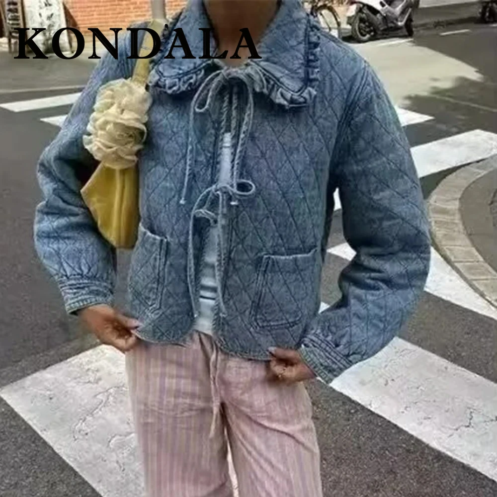 

KONDALA Chic 2024 Autumn Solid Blue Casual Lace Jacket Turn Down Collar Pockets Sweetheart Outwear Fashion Streetwear Y2K Blazer