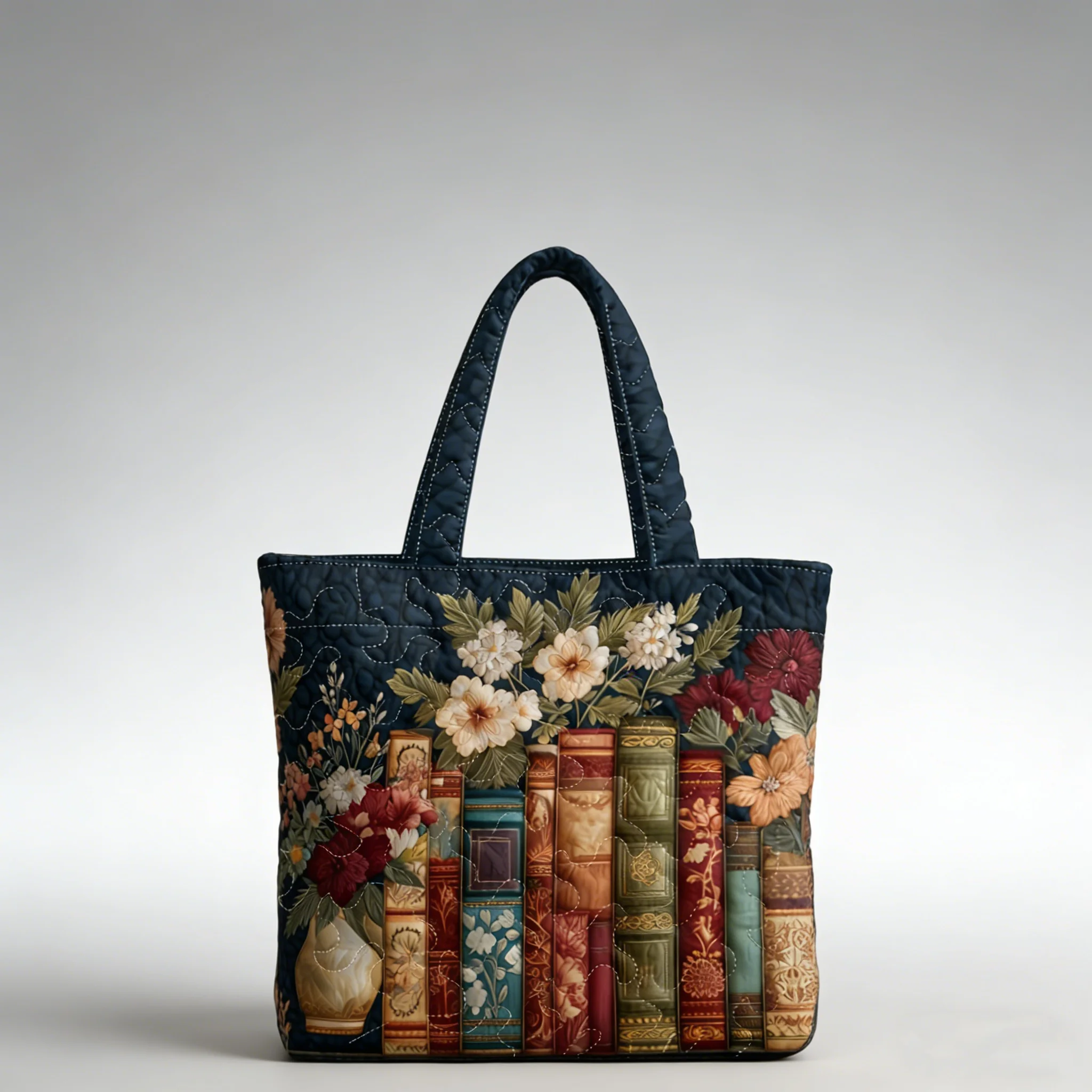 

Quilted Tote Bag Vintage Book Floral Print Large Capacity Shoulder Handbag for Daily Shopping Travel Work Commute
