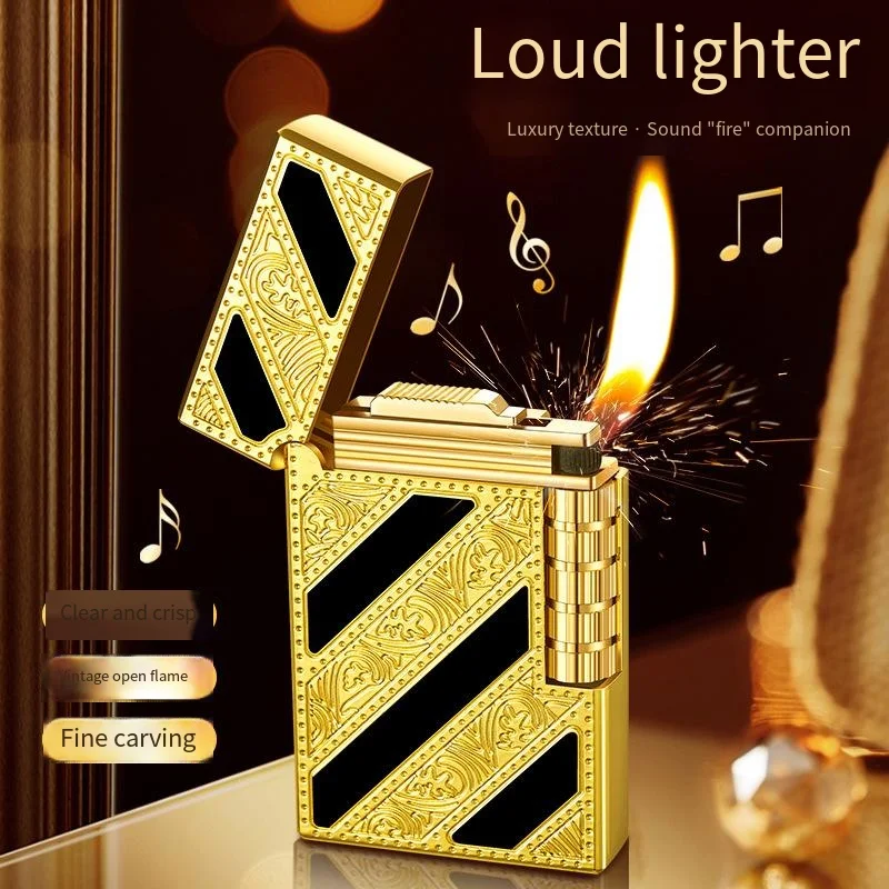 Brass Open Flame Butane Gas Lighter, Brass Flip Side Slip, Retro Classic Steel, Loud Sound Pattern, Men\'s Gift, High-end, New