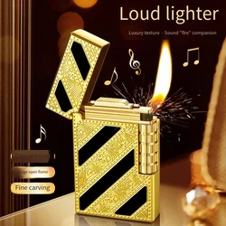 Brass Open Flame Butane Gas Lighter, Brass Flip Side Slip, Retro Classic Steel, Loud Sound Pattern, Men's Gift, High-end, New