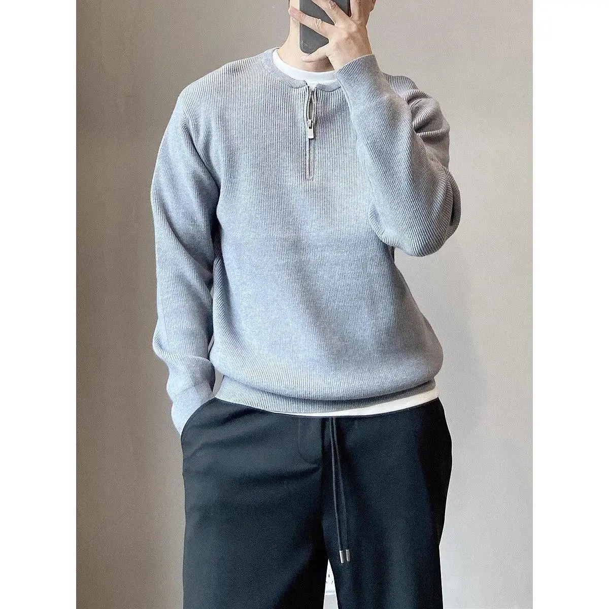 

American Sle f Zipper round Ne Knitted Sweater Lightweight Mature Loose Fit Color Versatile Men's Sweater