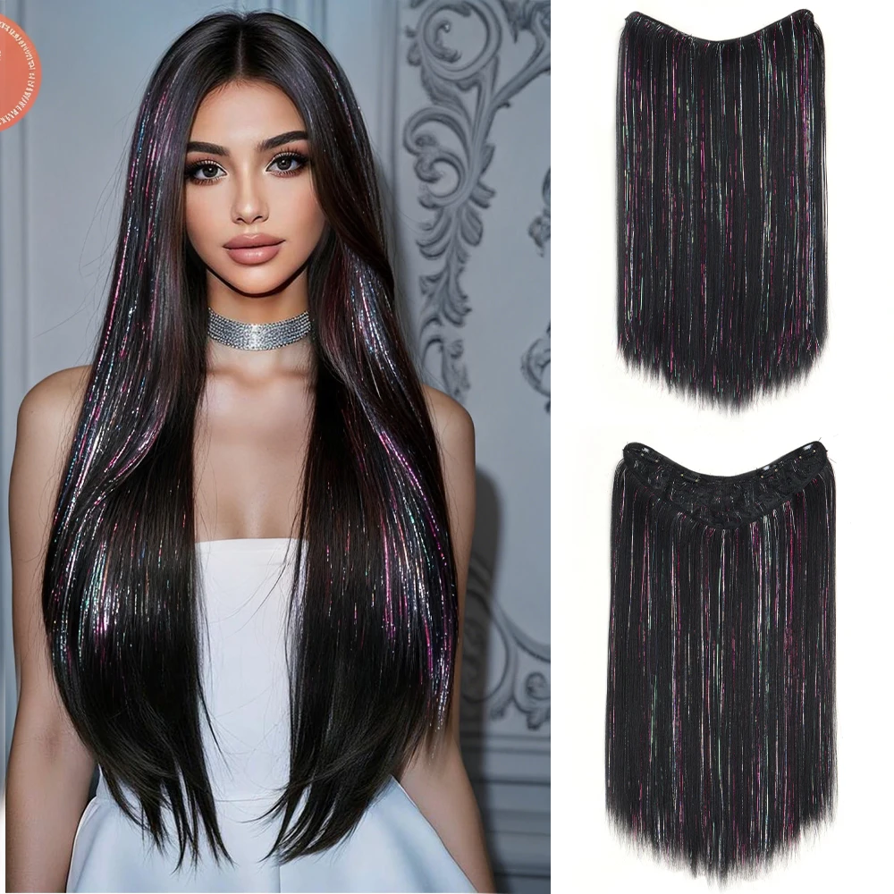 24Inch Synthetic Long Straight Clip‑in Hair Extensions Sparkling Tinsel Hair High‑Temp Fiber Hairpiece for Women Party Cosplay