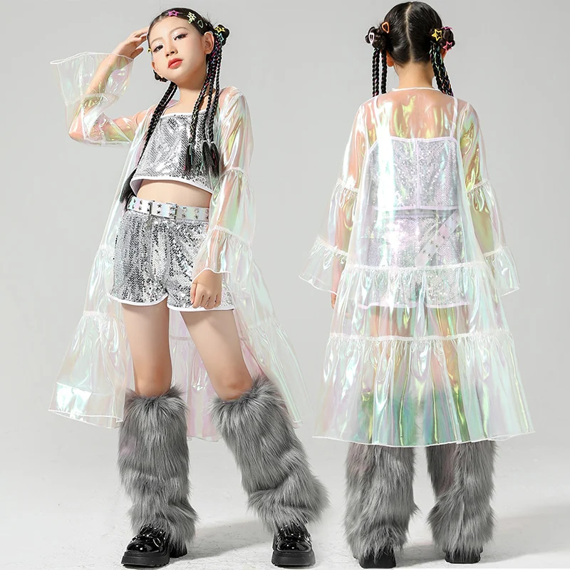 Fashion Walk Show Stage Costume Girls Silver Sequins Hip Hop Outfit Kpop Jazz Dance Clothing Concert Clothing Sets DL111309