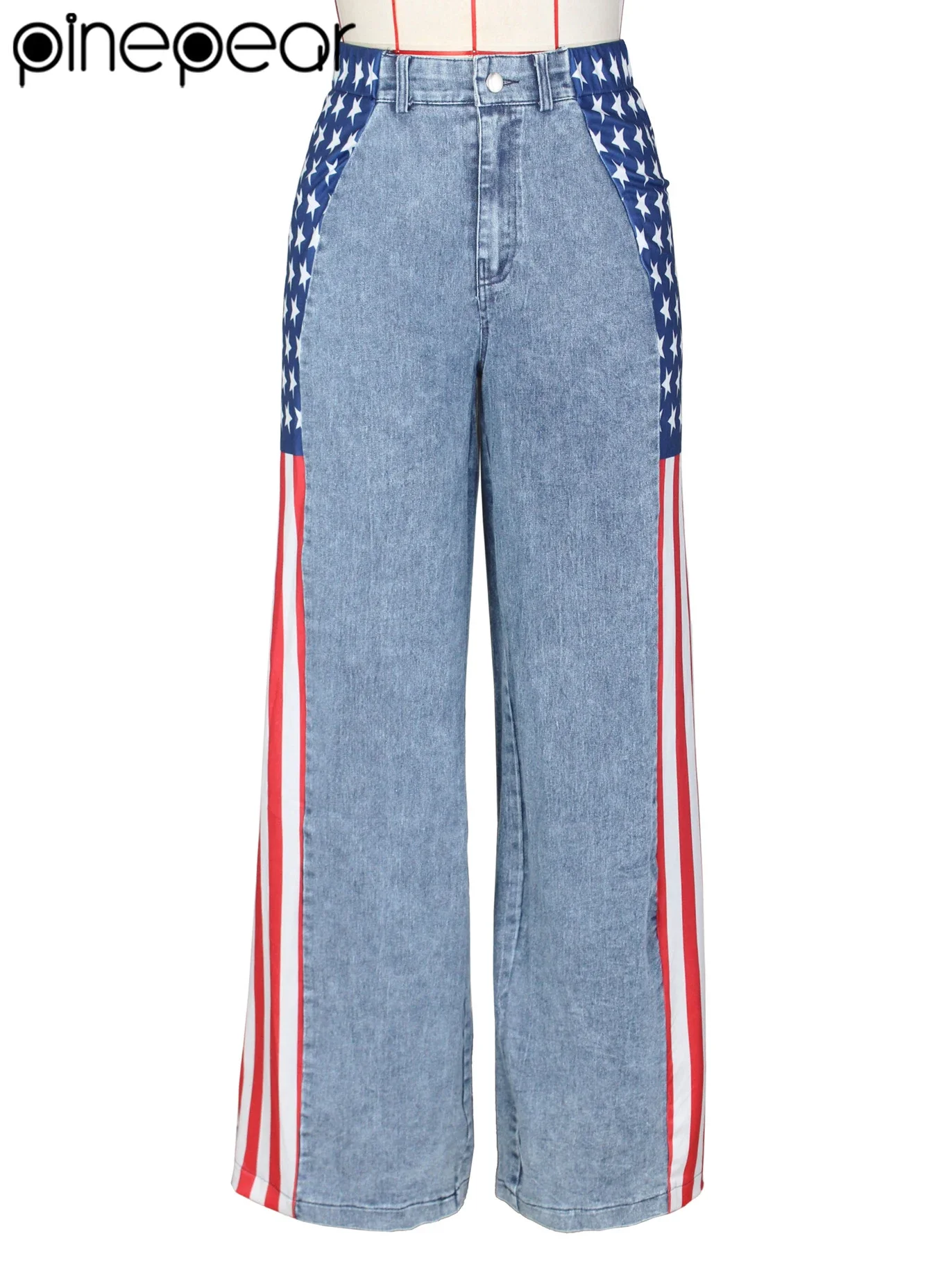 PinePear 2025, amerikanische Flagge, bedruckt, Damen, Baggy-Jeans, Streetwear, Y2K, lange, gerade Hose, hohe Taille, weites Bein, Denim-Hose