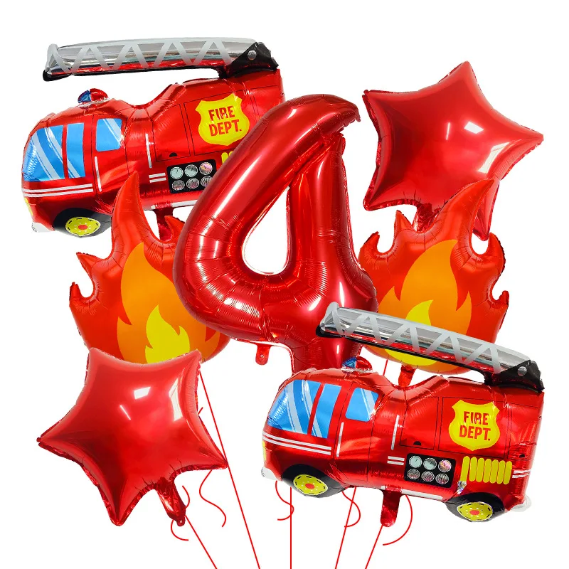 7-teiliges Set Cartoon Feuerwehrauto Thema 1/2/3/4/5/6 Jahre Alte Folien-Heliumballons für Kinder Jungen Geburtstag Babyparty Dekoration – Detail 9
