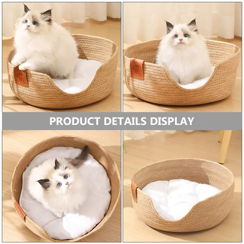 Rattan Woven Pet Cat Bed With Cushion Soft Warm Comfortable Sleeping Basket For Cats Four Seasons Puppy Kitten Bed NEW 2024