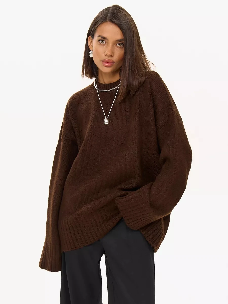 Women's Horn Cuff Long Sleeve  Sweater Knit Solid Brown Casual Sweater Crew Neck Vintage Oversize Trendy Sweater