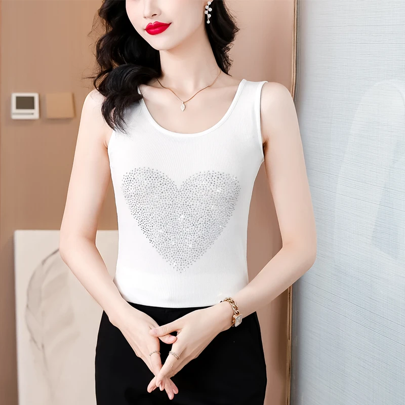 جديد الكورية أزياء الصيف سترة قمم أكمام الساخن الماس تانك القمم جولة الرقبة المرأة بروتيل