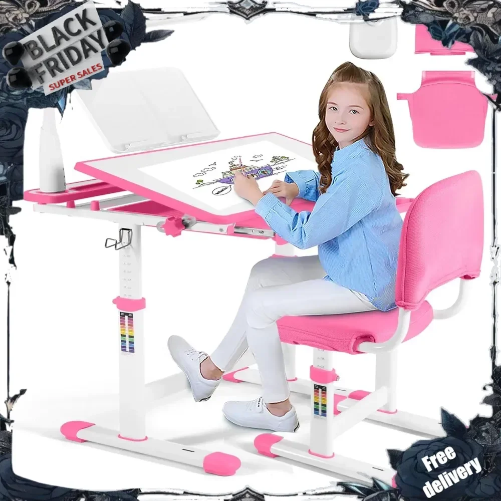 Kids Study Table and Chair Set,Adjustable Girls School Writing Study Table,with Large Writing Board LED