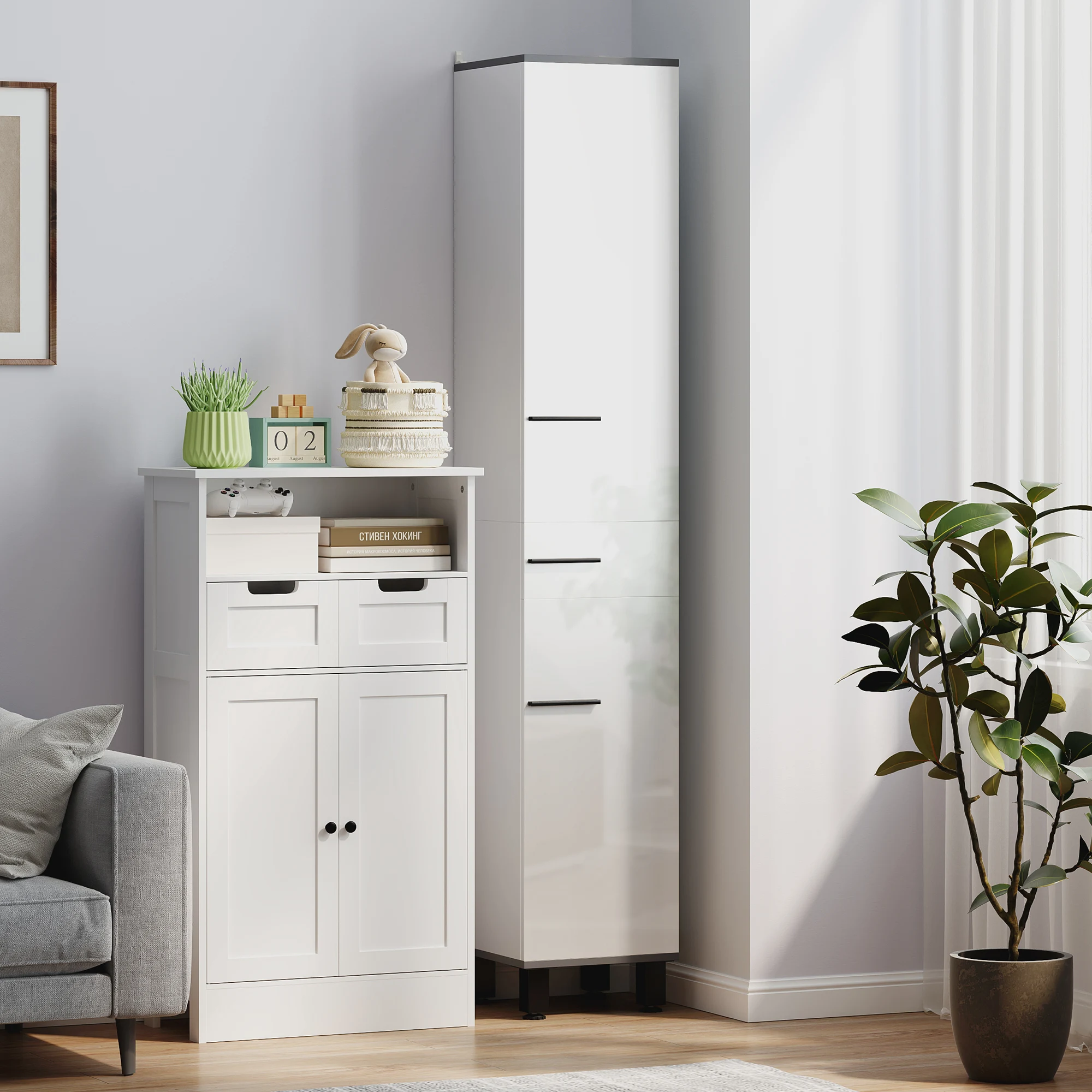 HOMCOM Bathroom Cabinet with Adjustable Shelves, Double Doors and Drawer