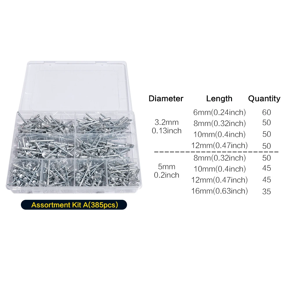 385 قطعة 8 مقاسات من المسامير الألومنيوم العمياء (3.2 × 6/8/10/12 مم 5 × 8/10/12/16 مم)، مجموعة متنوعة من مسامير البوب (فضي) #2