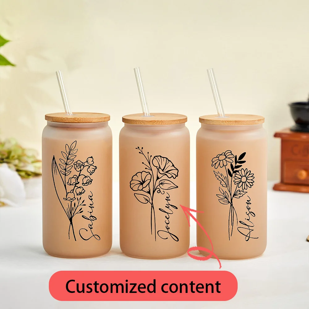 Personalized Birth Flower Glass Can Cup Custom Name Print 16oz Iced Coffee Cup with Lid Straw Birthday Gift for Women