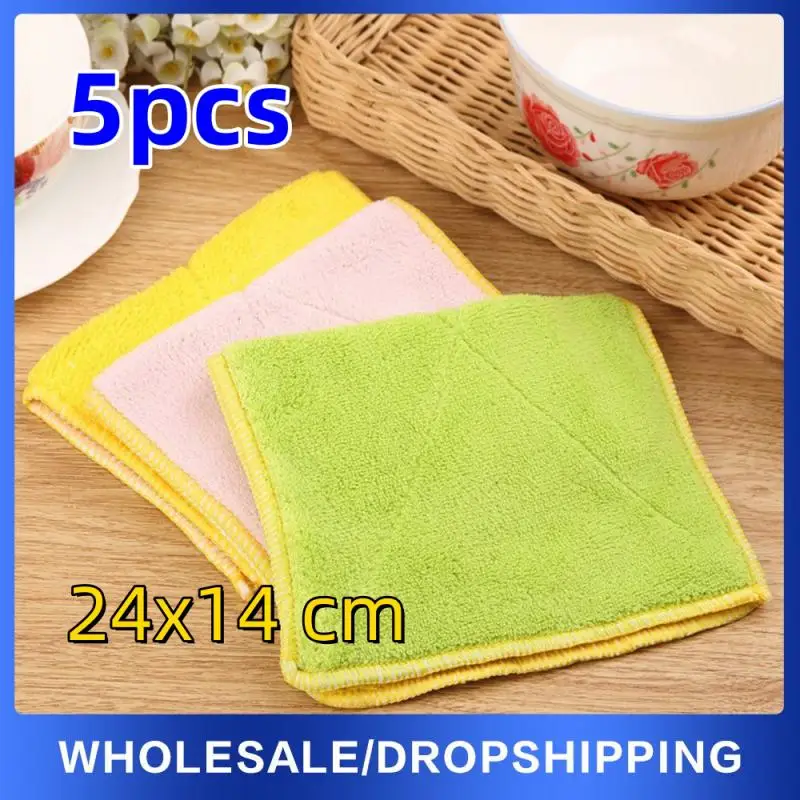 5pcs-set Towel Double-sided Thickened Scouring Cloth Absorbent Lint Dishwashing Cloth Absorbent Kitchen Household Cleaning Tools