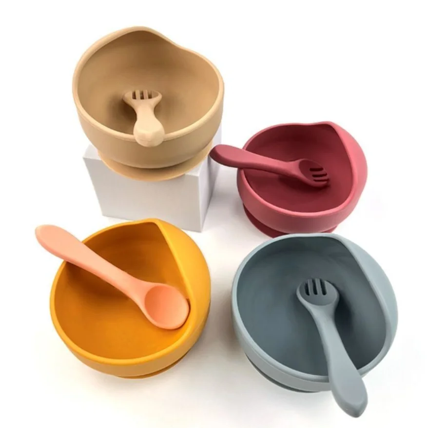 3Pcs/Set BPA Free Silicone Sucker Bowl Drop-proof Non-Slip Baby Feeding Tableware with Spoon Fork Auxiliary Food