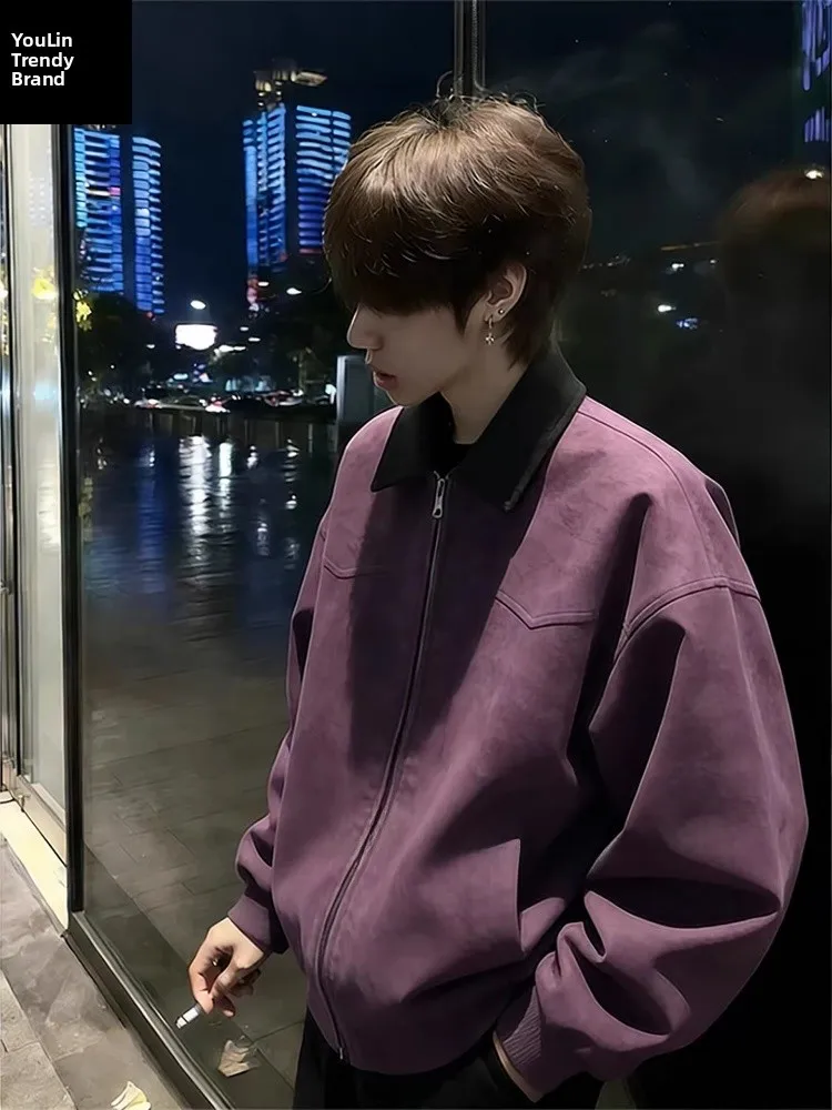 

Purple Detroit Baseball Jaet Men's Autumn Winter High Sensation Cool Leather Coat Turn-down Collar Workwear Outerwear