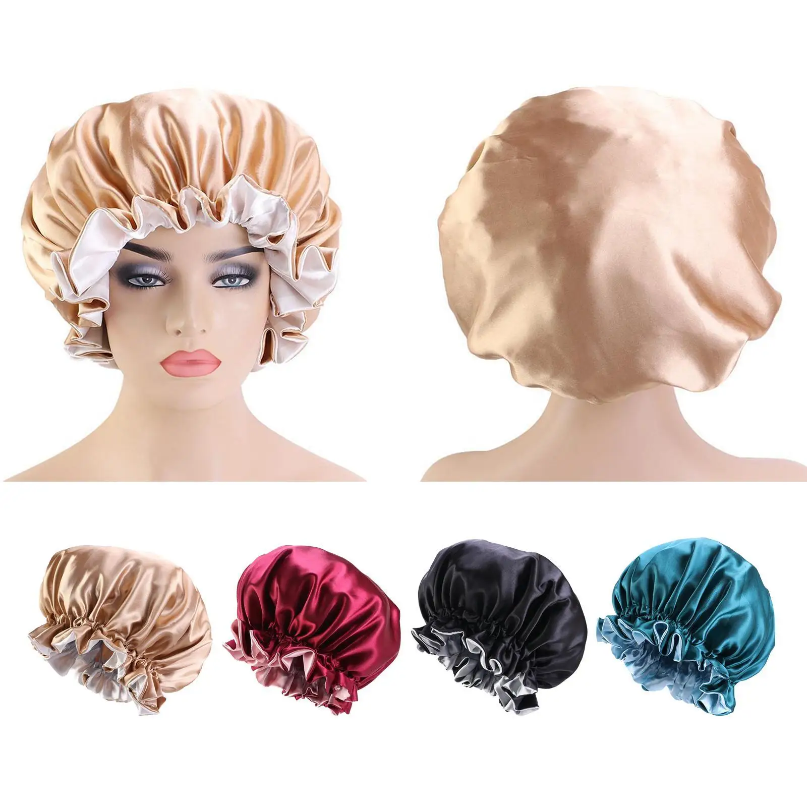 Night Sleep Cap Satin Reversible Hair Bonnet Hat Elastic Band for Adult Curly Braids and Updos