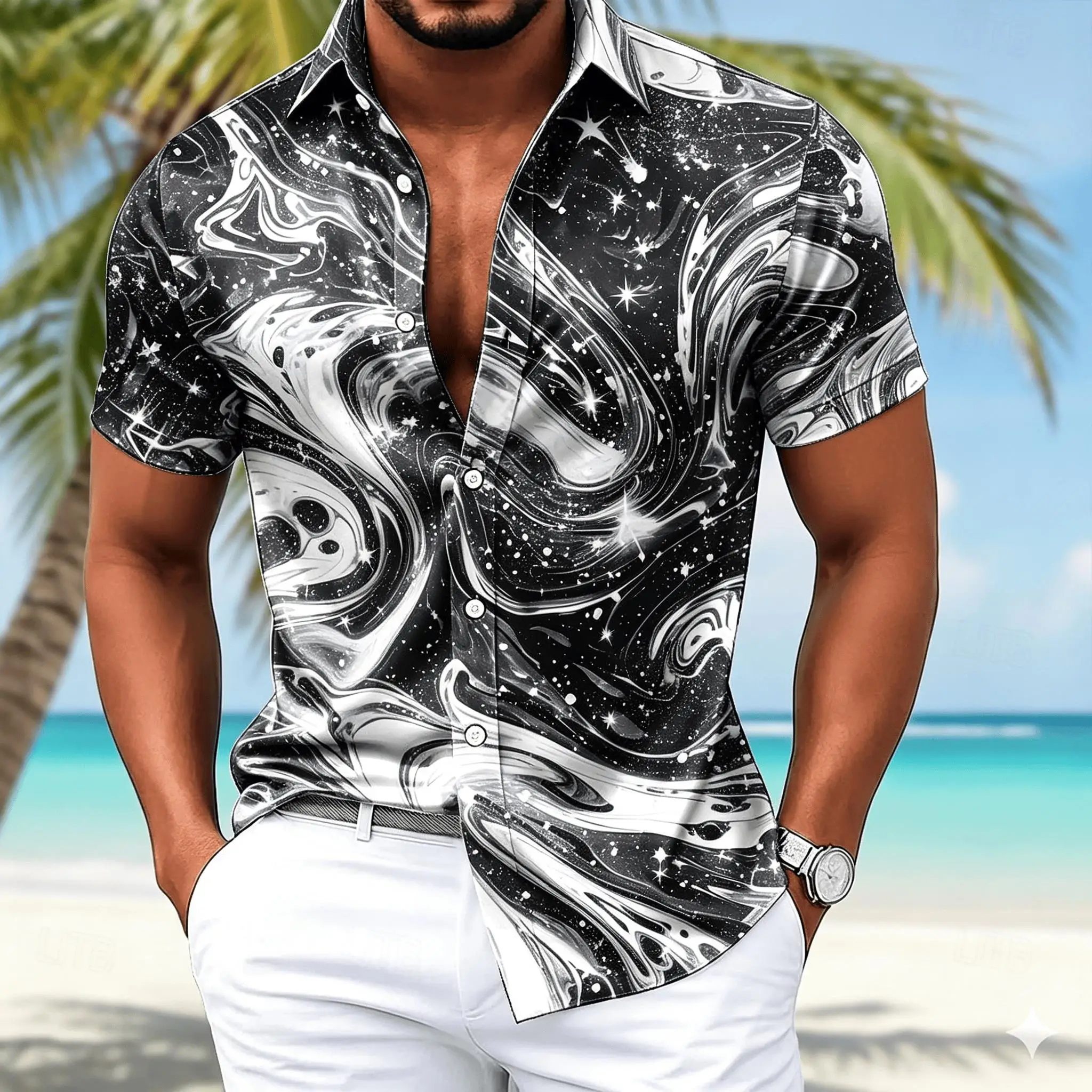 Men's Black White Galaxy Swirl Print Short Sleeve Shirt, Cosmic Fluid Art Casual Button Down for Spring & Summer